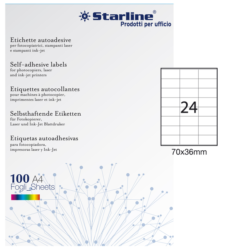 Etichetta adesiva bianca 100fg A4 70x36mm (24et/fg) STARLINE