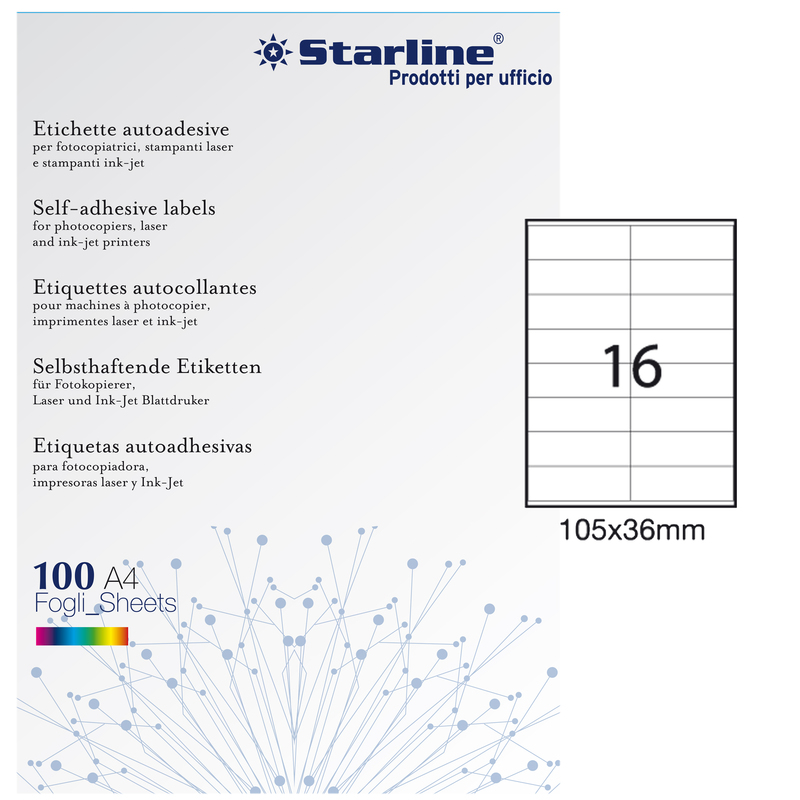 Etichetta adesiva bianca 100fg A4 105x36mm (16et/fg) STARLINE