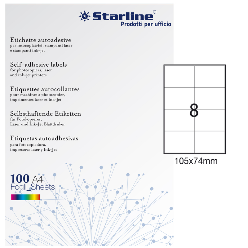 Etichetta adesiva bianca 100fg A4 105x74mm (8et/fg) STARLINE