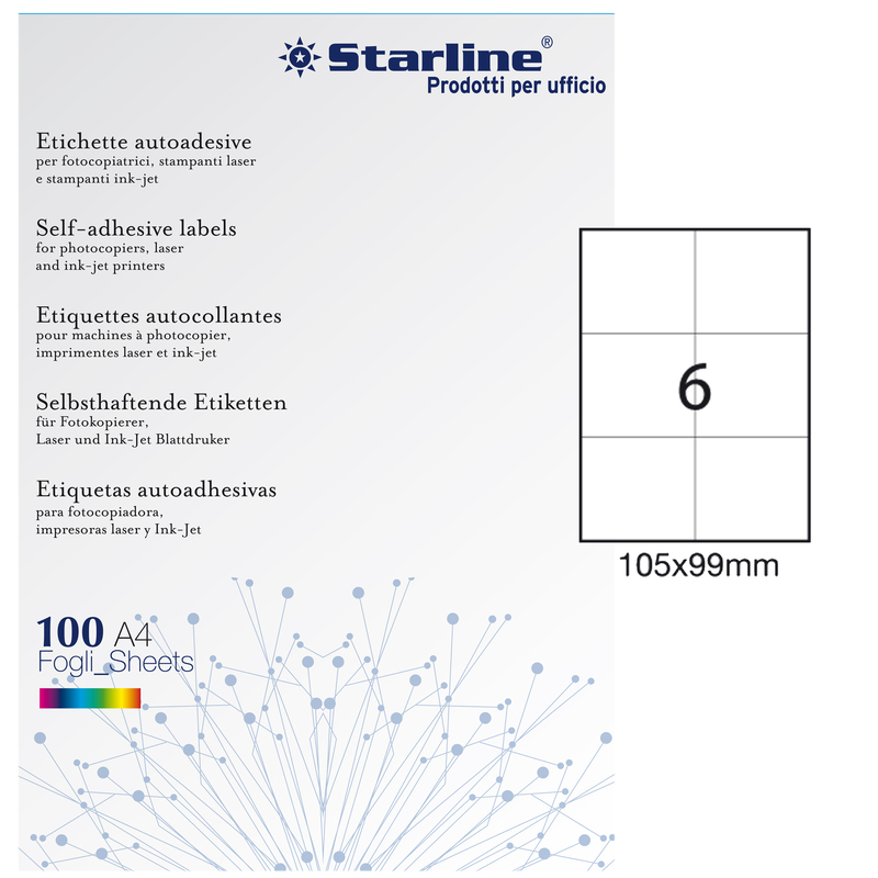 Etichetta adesiva bianca 100fg A4 105x99mm (6et/fg) STARLINE