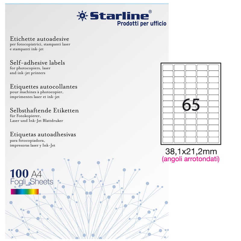 Etichetta adesiva bianca 100fg A4 38,1x21,2mm (65et/fg) angoli tondi STARLINE