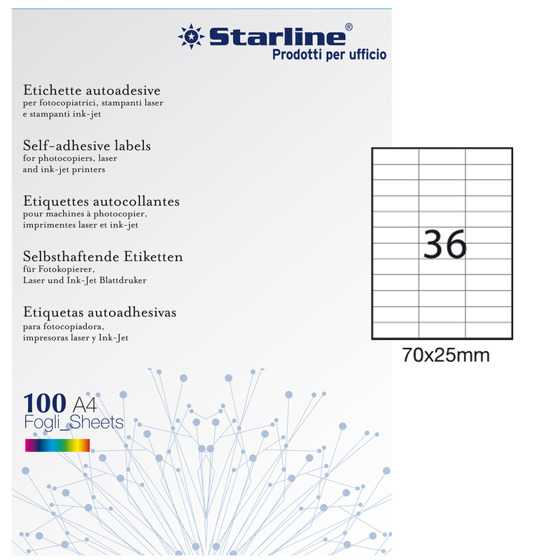 Etichetta adesiva bianca 100fg A4 70x25mm (36et/fg) STARLINE