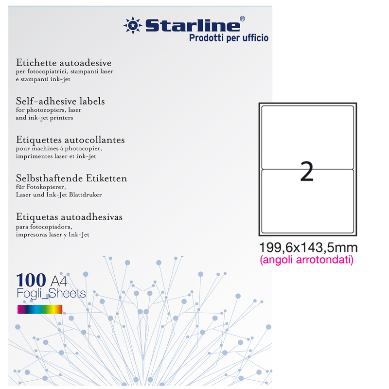 Etichetta adesiva bianca 100fg A4 199,6x143,5mm (2et/fg) angoli tondi STARLINE