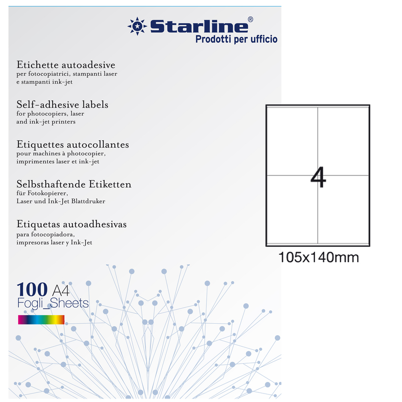 Etichetta adesiva bianca 100fg A4 105x140mm (4et/fg) STARLINE