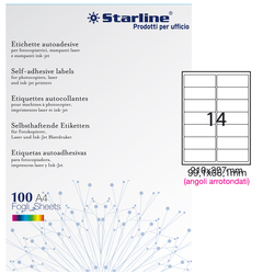 Etichetta adesiva bianca 100fg A4 99,1x38,1mm (14et/fg) angoli tondi STARLINE