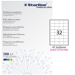Etichetta adesiva bianca 100fg A4 47,5x35mm (32et/fg) angoli tondi STARLINE