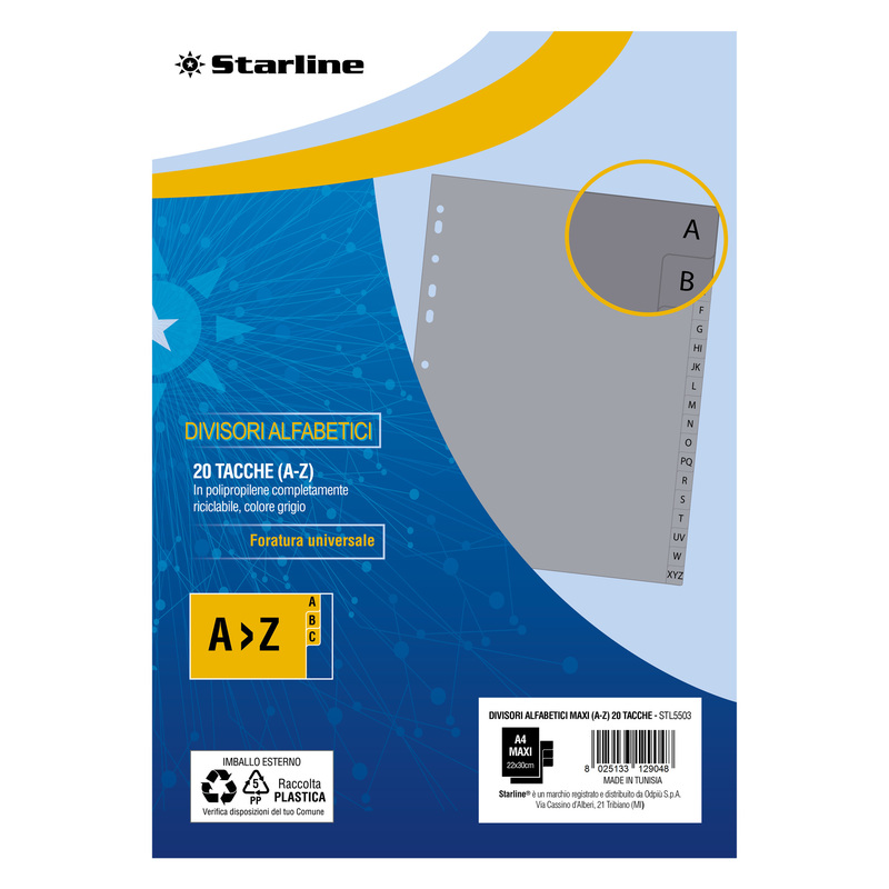 Divisori alfabetici (A-Z) in PP 20 tacche F.to A4 MAXI 24,5x30cm Grigio Starline