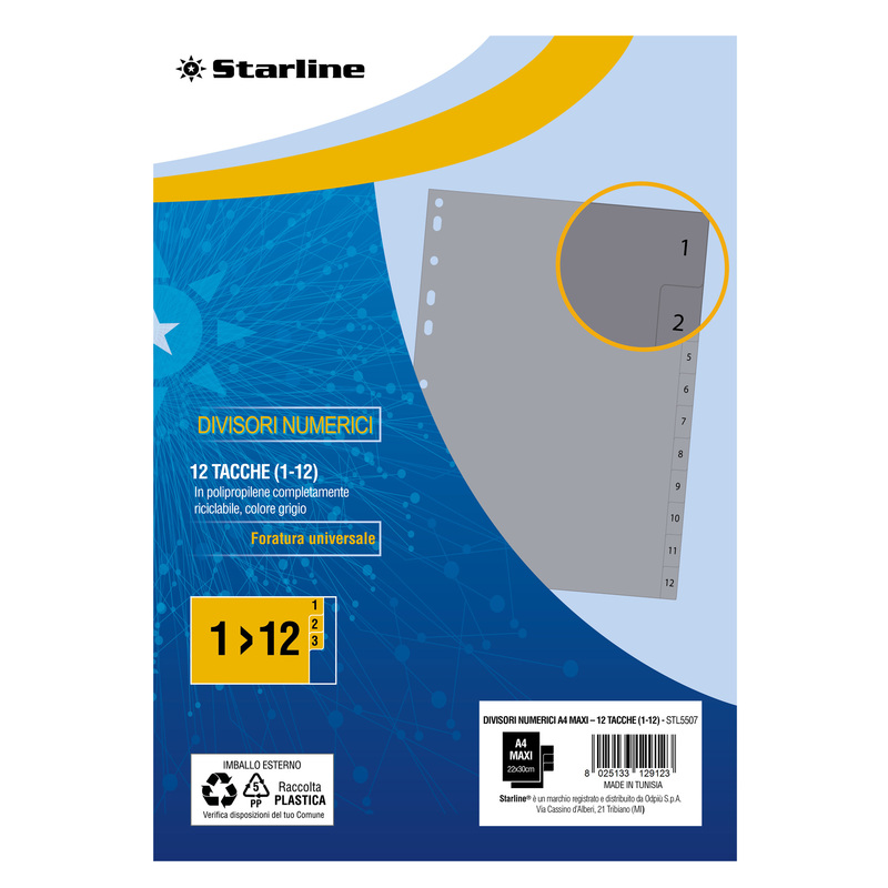 Divisori numerici (1-12) in PP 12 tacche F.to A4 MAXI 24,5x30cm Grigio Starline