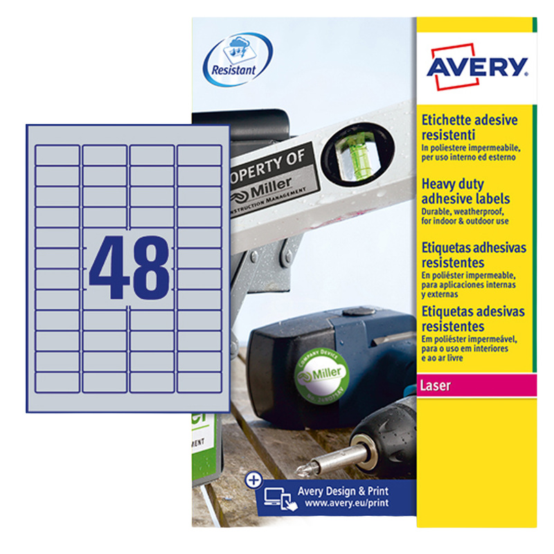 Poliestere adesivo L6009 argento 8fg A4 45,7x21,2mm (48et/fg) laser Avery