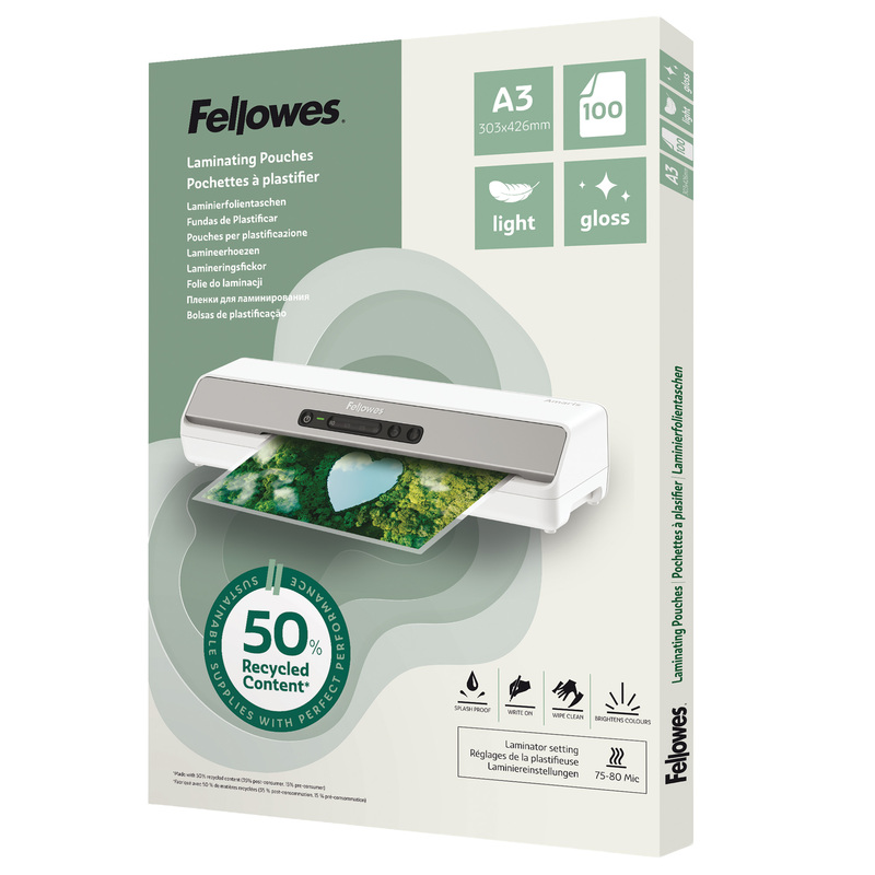 Scatola 100 pouches riciclate 80mic A3 Fellowes