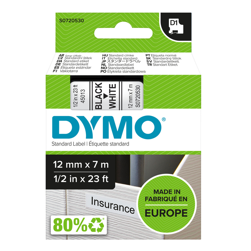 NASTRO DYMO TIPO D1 (12MMX7M) NERO/BIANCO 450130