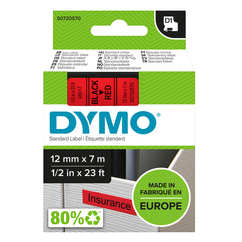 NASTRO DYMO TIPO D1 (12MMX7M) NERO/ROSSO 450170