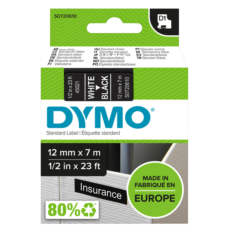 NASTRO DYMO TIPO D1 (12MMX7M) BIANCO/NERO 450210