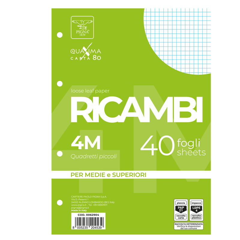RICAMBI FORATI A4 4MM QUAXIMA 40FG 80GR PIGNA