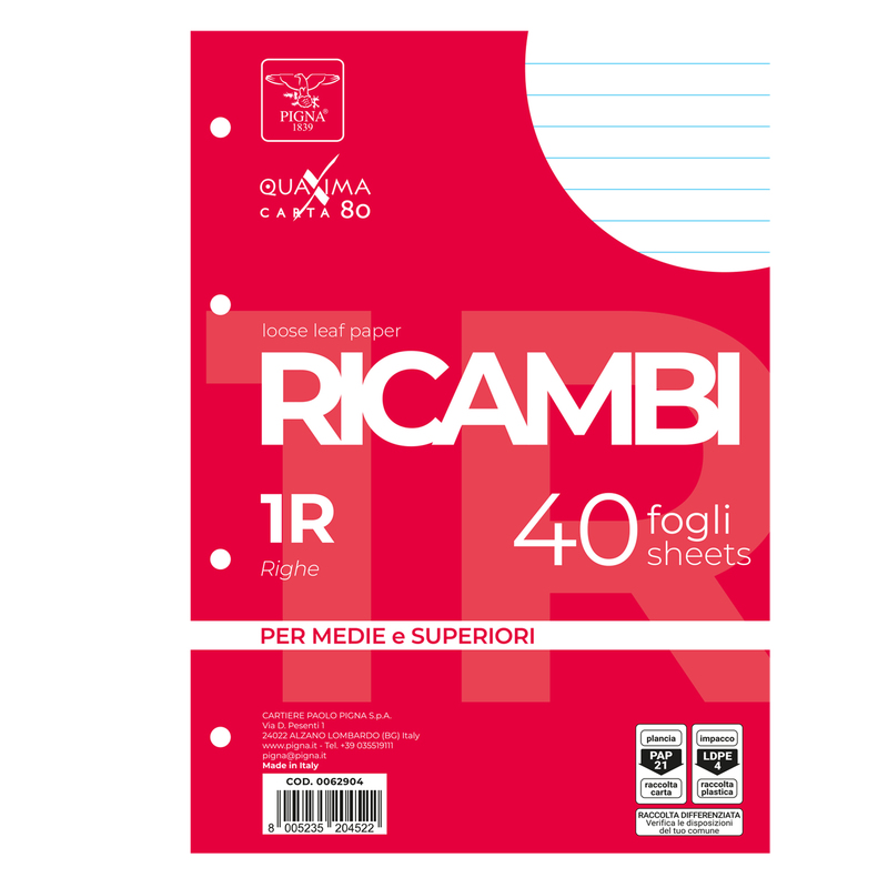 RICAMBI FORATI A5 1RIGO 80GR QUAXIMA 40FG 80GR PIGNA