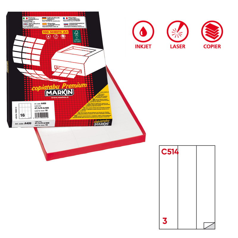 Etichetta adesiva C/514 bianca 100fg A4 70x297mm (3et/fg) Markin
