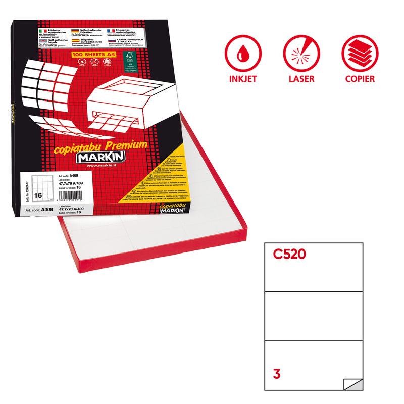 Etichetta adesiva C/520 bianca 100fg A4 210x99mm (3et/fg) Markin