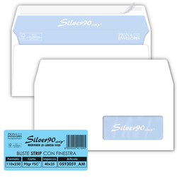 25 buste SILVER90 STRIP FSCR bianca internografata c/finestra110x230mm90gr Pigna