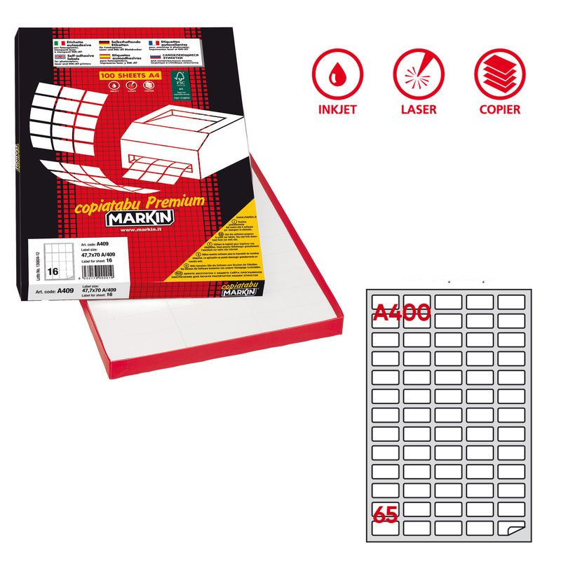Etichetta adesiva A/400 bianca 100fg A4 38,1x21,2mm (65eti/fg) Markin