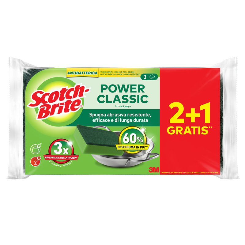 PACK 2+1 Spugne abrasive Power Classic antibatterica SCOTCH BRITER A12
