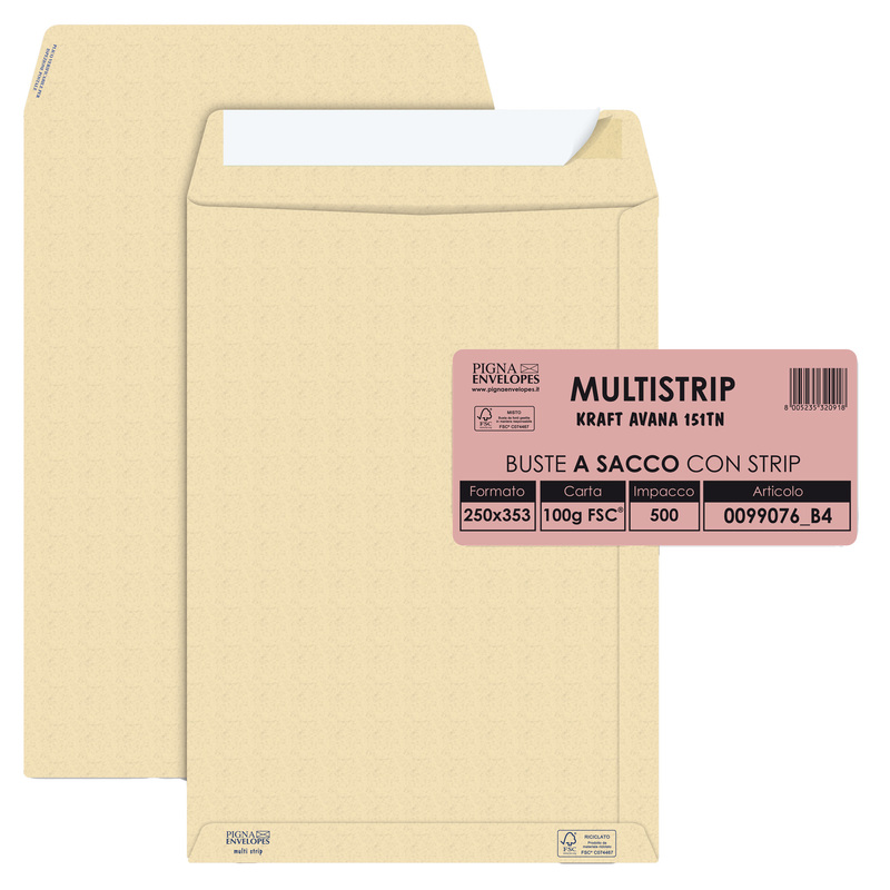 500 buste sacco MULTI STRIPavana carta ric.FSCRstrip ades. 250x353mm 100gr Pigna