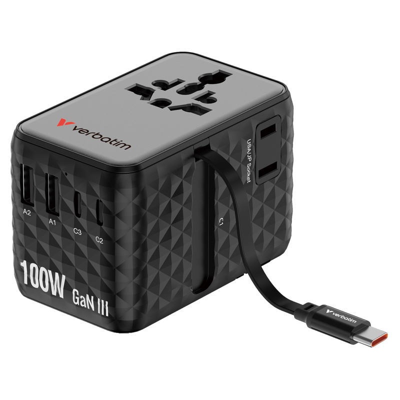 Adattatore da viaggio universale GaN III con cavo USB-C retrattile - Nero_Verbat