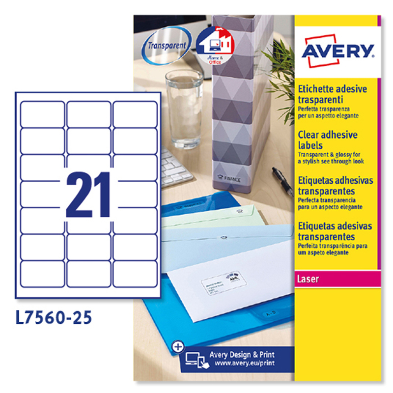 Poliestere adesivo L7560 trasparente 25fg A4 63,5x38,1mm (21et/fg) laser Avery