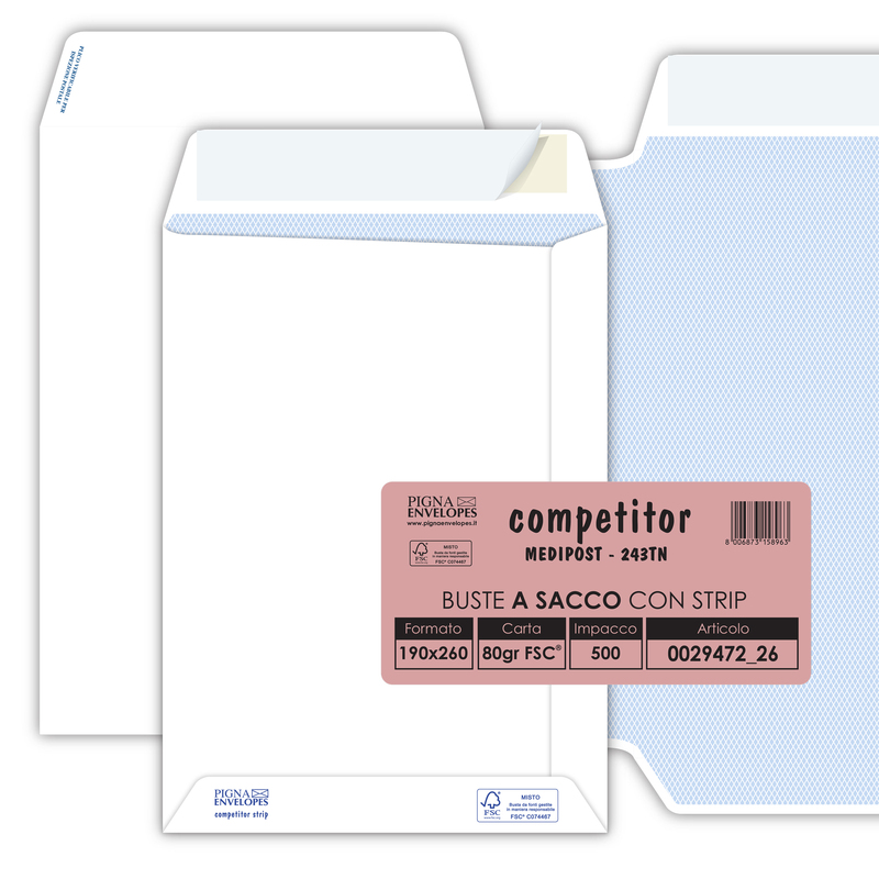 500 buste sacco COMPETITOR FSCR bianca strip adesivo 190x260mm 80gr Pigna Envelo
