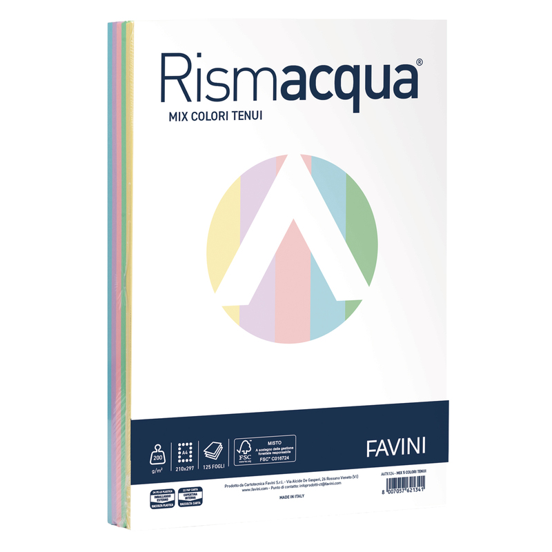 Carta RISMACQUA 200gr A3 125fg mix 5 colori FAVINI