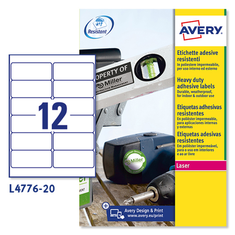 Poliestere adesivo L4776 bianco 20fg A4 99,1x42,3mm (12et/fg) laser Avery