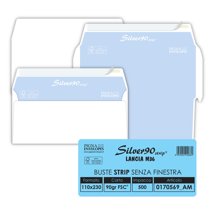 500 busteSILVER90 STRIP FSCRbianca internografata s/finestra110x230mm 90gr Pigna