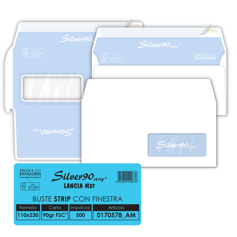 500 busteSILVER90 STRIP FSCRbianca internografata c/finestra110x230mm 90gr Pigna