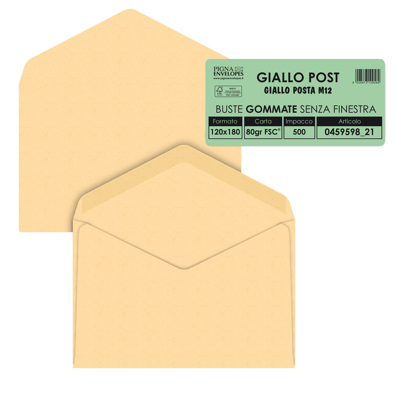 500 buste GIALLO POSTALE gommata carta riciclata FSCR 120x180mm 80gr Pigna Envel