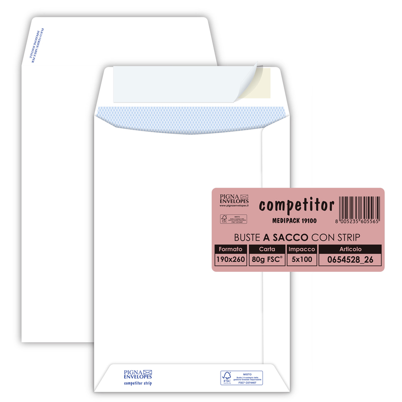 100 buste sacco COMPETITOR FSCR bianca strip adesivo 190x260mm 80gr Pigna Envelo