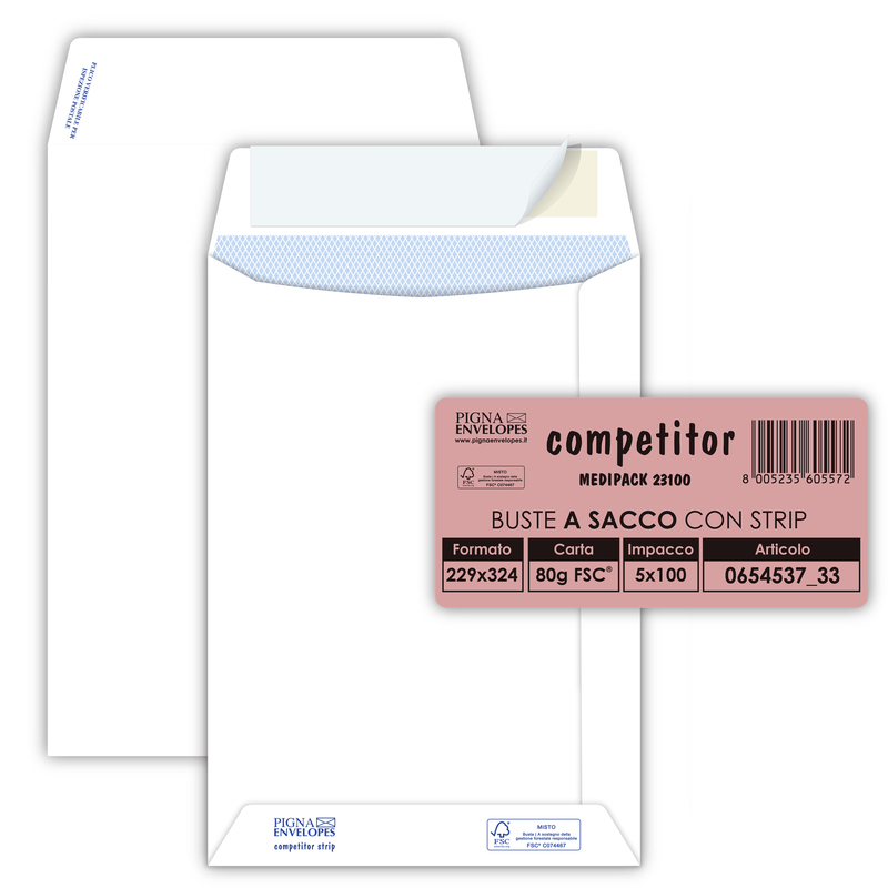 100 buste sacco COMPETITOR FSCR bianca strip adesivo 230x330mm 80gr Pigna Envelo
