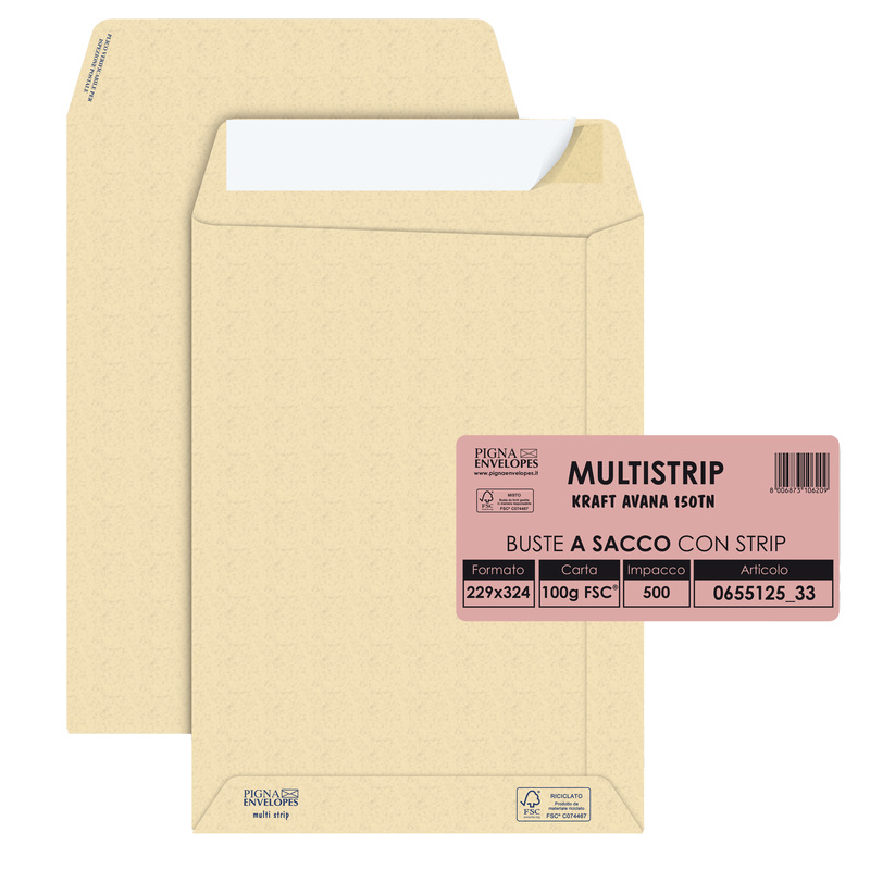 500 buste saccoMULTI STRIP avana carta ric.FSCRstrip adesivo230x330mm 100g Pigna