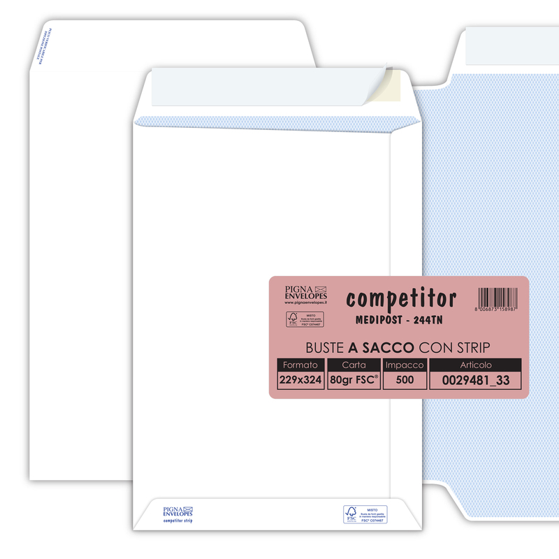 500 buste sacco COMPETITOR FSCR bianca strip adesivo 230x330mm 80gr Pigna Envelo
