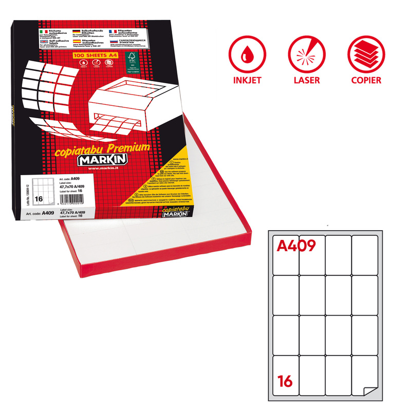 Etichetta adesiva A/409 bianca 100fg A4 47,7X70mm (16eti/fg) Markin
