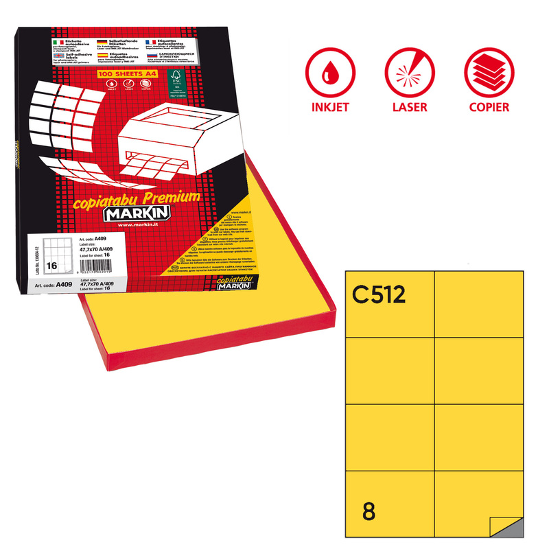 Etichetta adesiva C/512 giallo 100fg A4 105x74,25mm (8et/fg) Markin