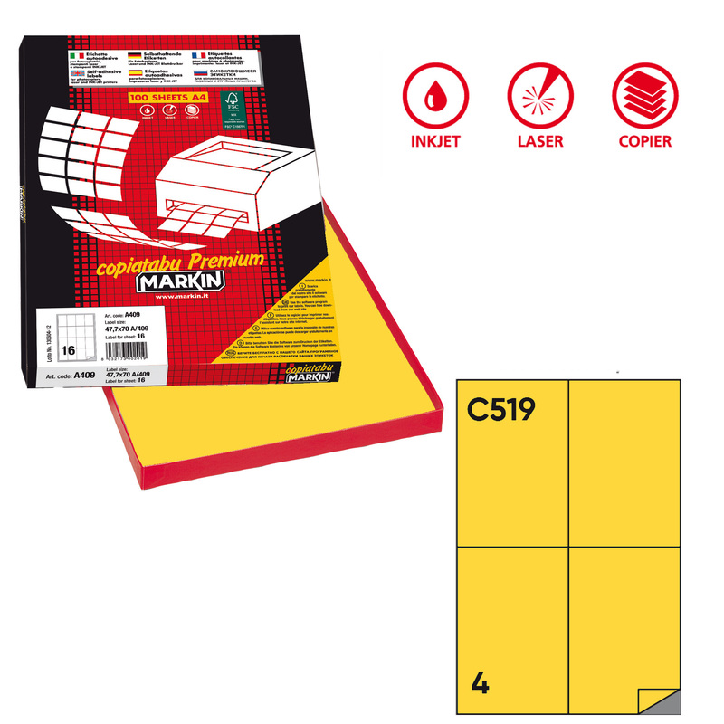 Etichetta adesiva C/519 giallo 100fg A4 105x148,5mm (4et/fg) Markin