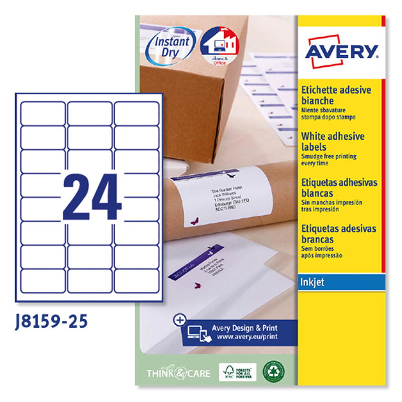 Etichetta adesiva J8159 bianca 25fg A4 63,5x33,9mm (24et/fg) inkjet Avery