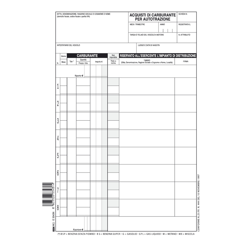 50 SCHEDE CARBURANTE 21X15CM E3343N EDIPRO