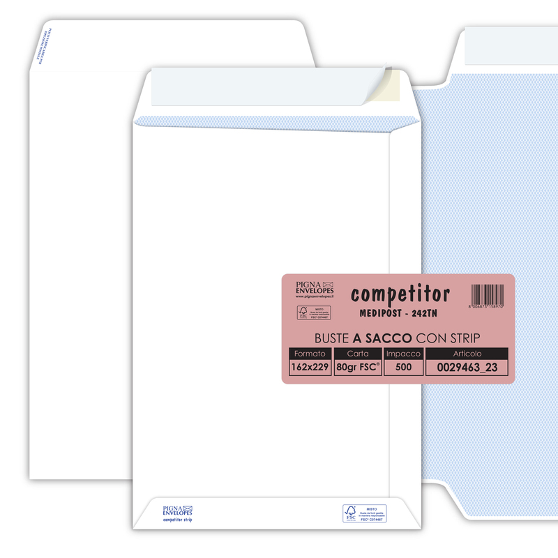 500 buste sacco COMPETITOR FSCR bianca strip adesivo 160x230mm 80gr Pigna Envelo