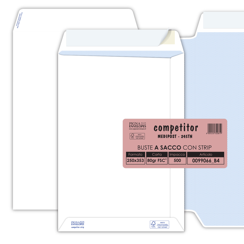 500 buste sacco COMPETITOR FSCR bianca strip adesivo 250x353mm 80gr Pigna Envelo