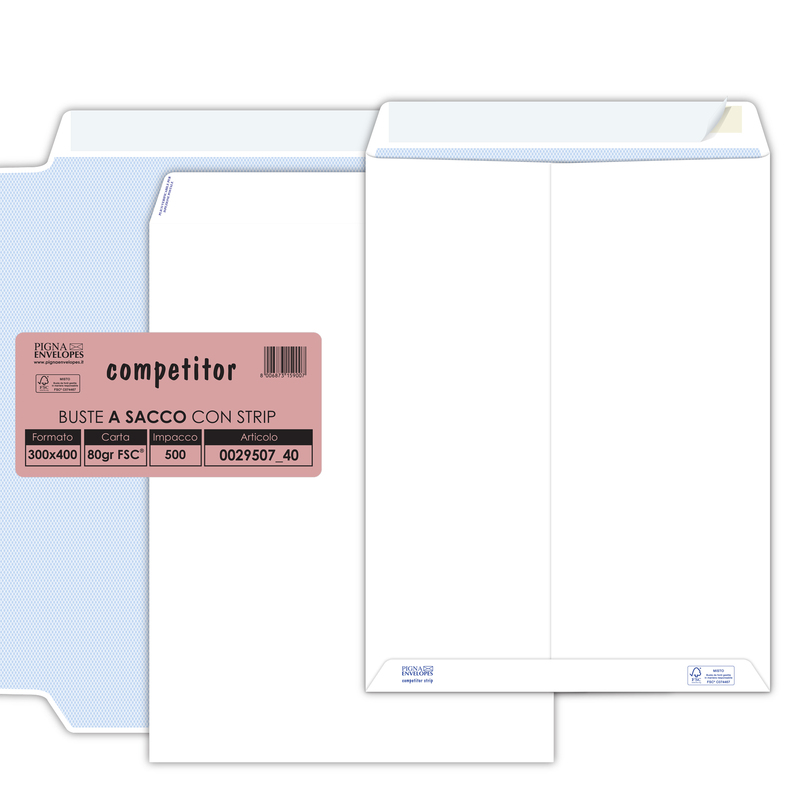 500 buste sacco COMPETITOR FSCR bianca strip adesivo 300x400mm 80gr Pigna Envelo