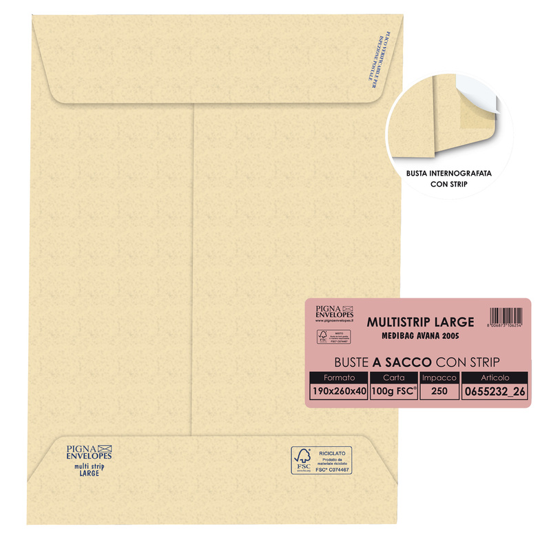 250 buste sacco MULTI STRIP LARGE avana carta ric. 190x260x40mm 100gr Pigna Enve