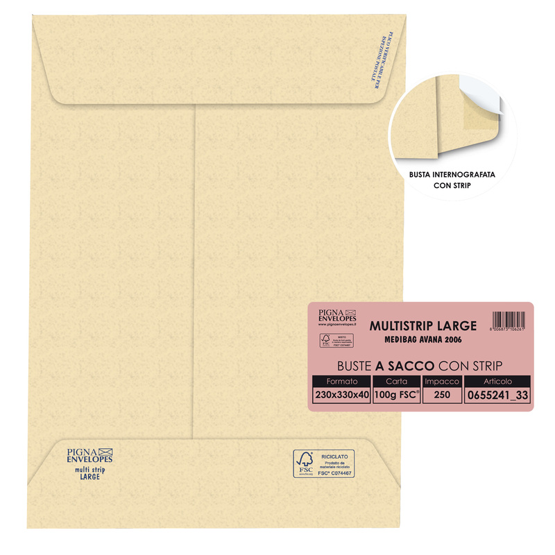 250 buste sacco MULTI STRIP LARGE avana carta ric. 230x330x40mm 100gr Pigna Enve