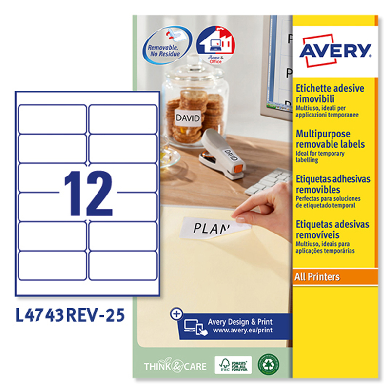 Etichetta adesiva L4743REV bianca rimovibili 25fg A4 99,1x42,3mm (12et/fg) laser