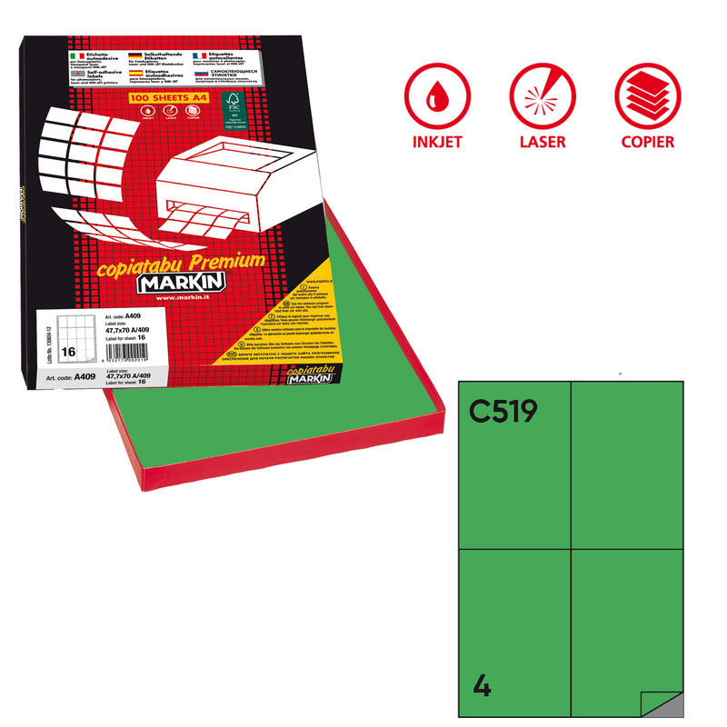 Etichetta adesiva C/519 verde 100fg A4 105x148,5mm (4et/fg) Markin