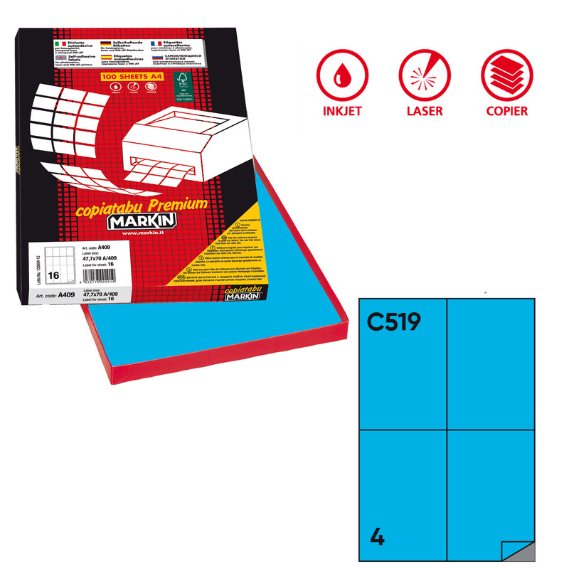 Etichetta adesiva C/519 blu 100fg A4 105x148,5mm (4et/fg) Markin